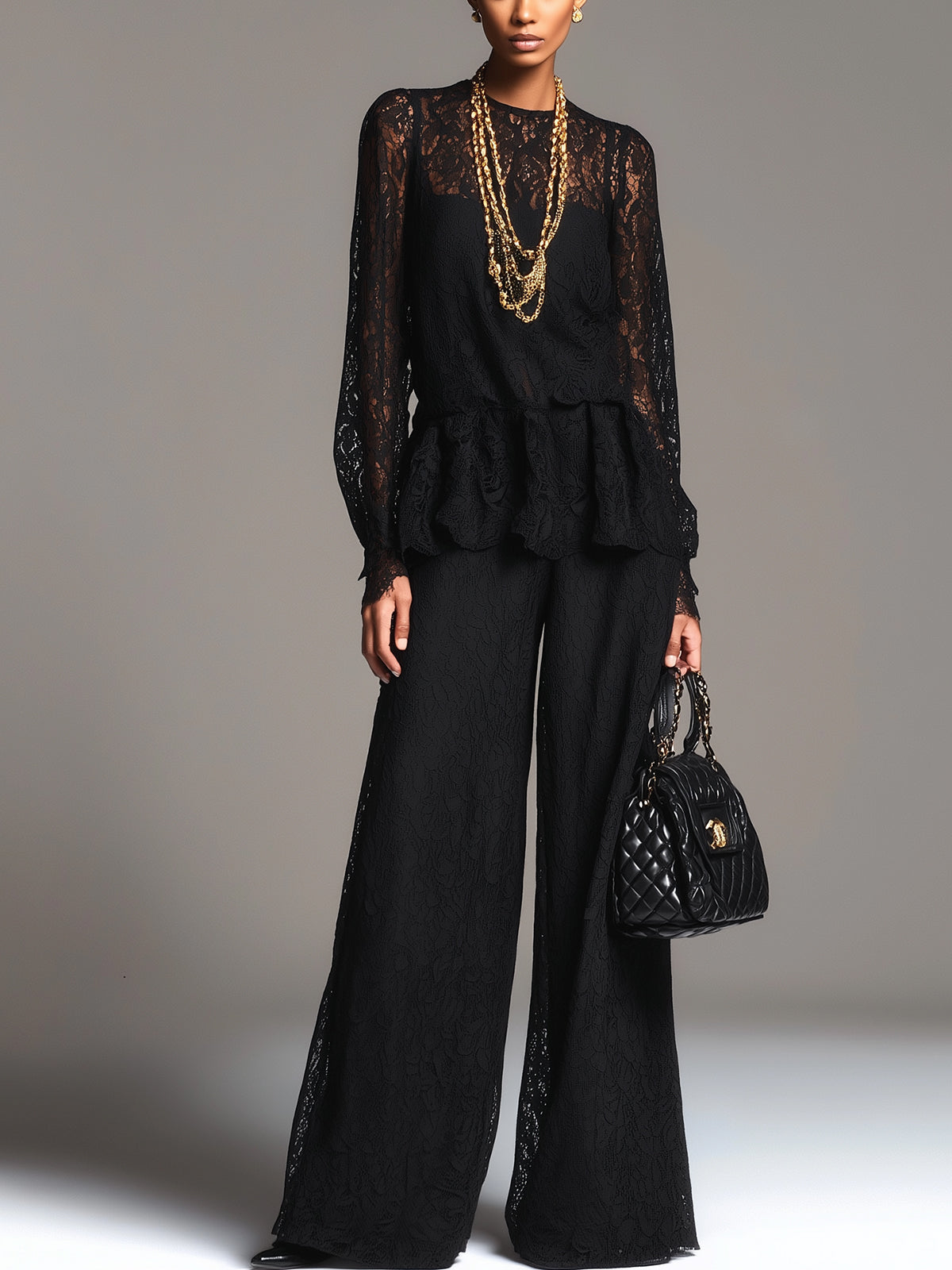 Black Lace Long‑Sleeve Peplum Blouse And Wide‑Leg Pants Set
