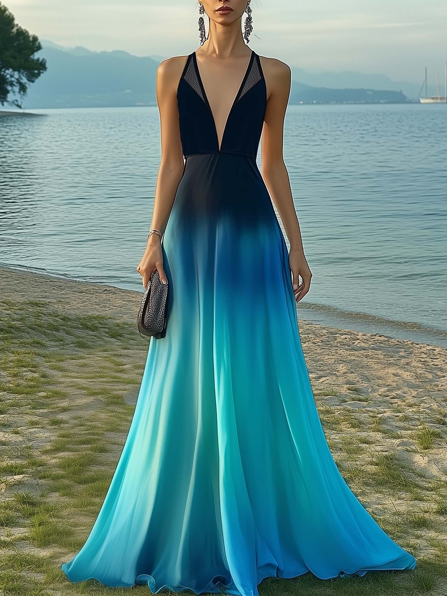 Maxi Dress With Elegant Gradient Print And Mesh Neckline