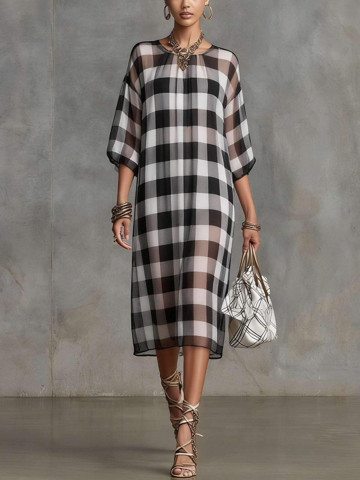 Black And White Sheer Check Midi Dress
