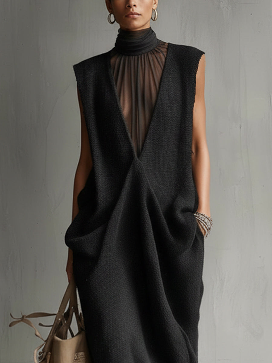 Black Sleeveless Chiffon High-Neck Knit Maxi Dress With Lace Hem