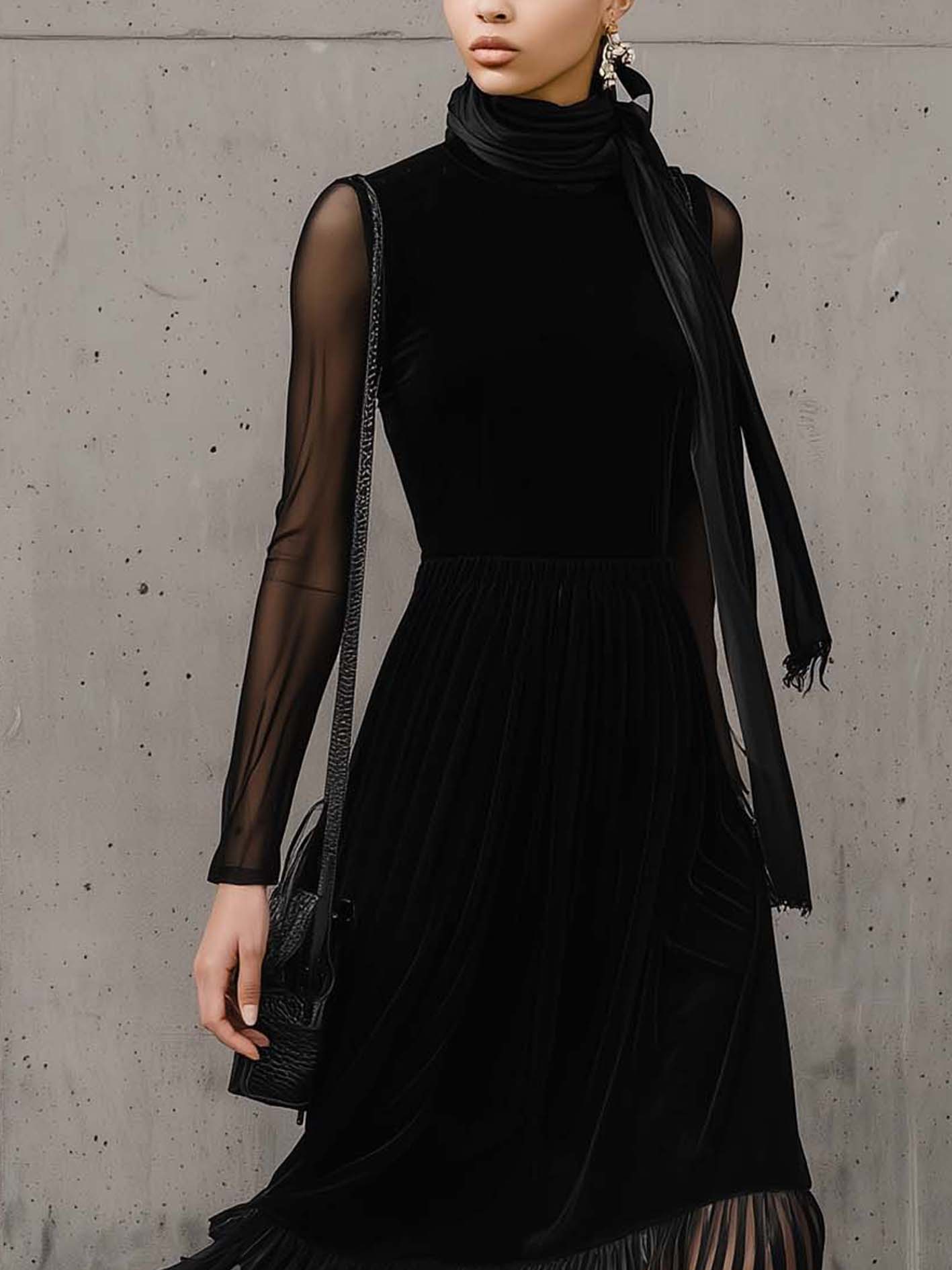 Black Velvet Midi Dress With Striped Organza Hem