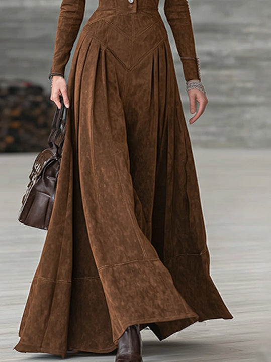 Brown Faux Suede Maxi Dress With High Neck And Structured Silhouette