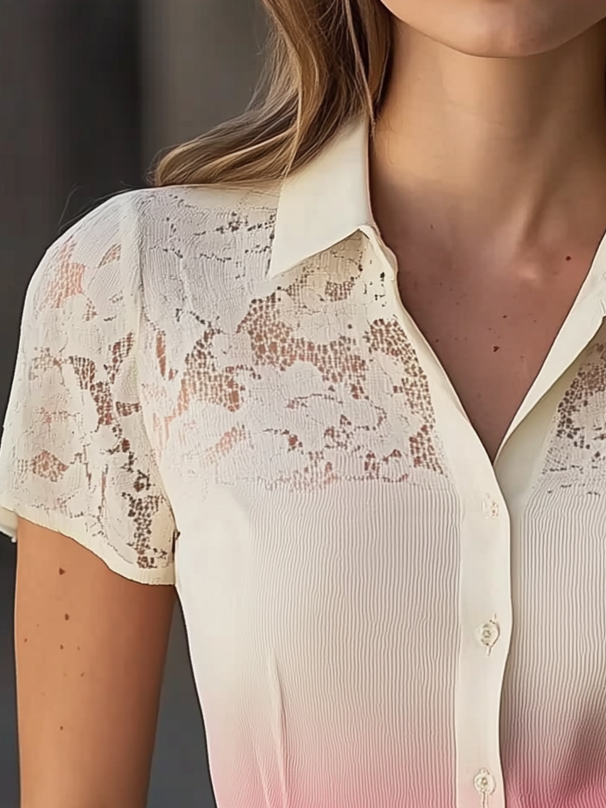 Lace Collar And Sleeve Ombre Shirt