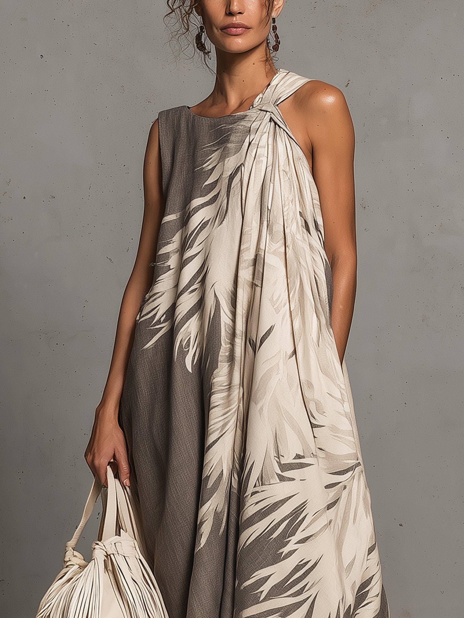 Taupe Sleeveless Linen Maxi Dress With Print