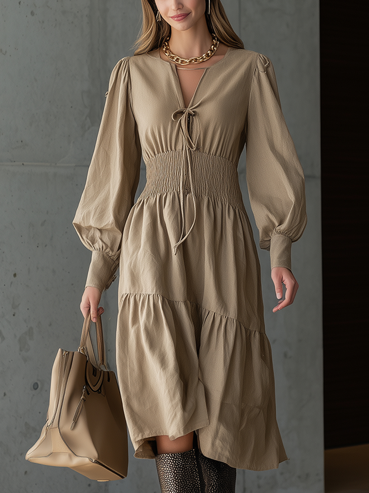 Brown Long Sleeve Smocked Waist Midi Dress