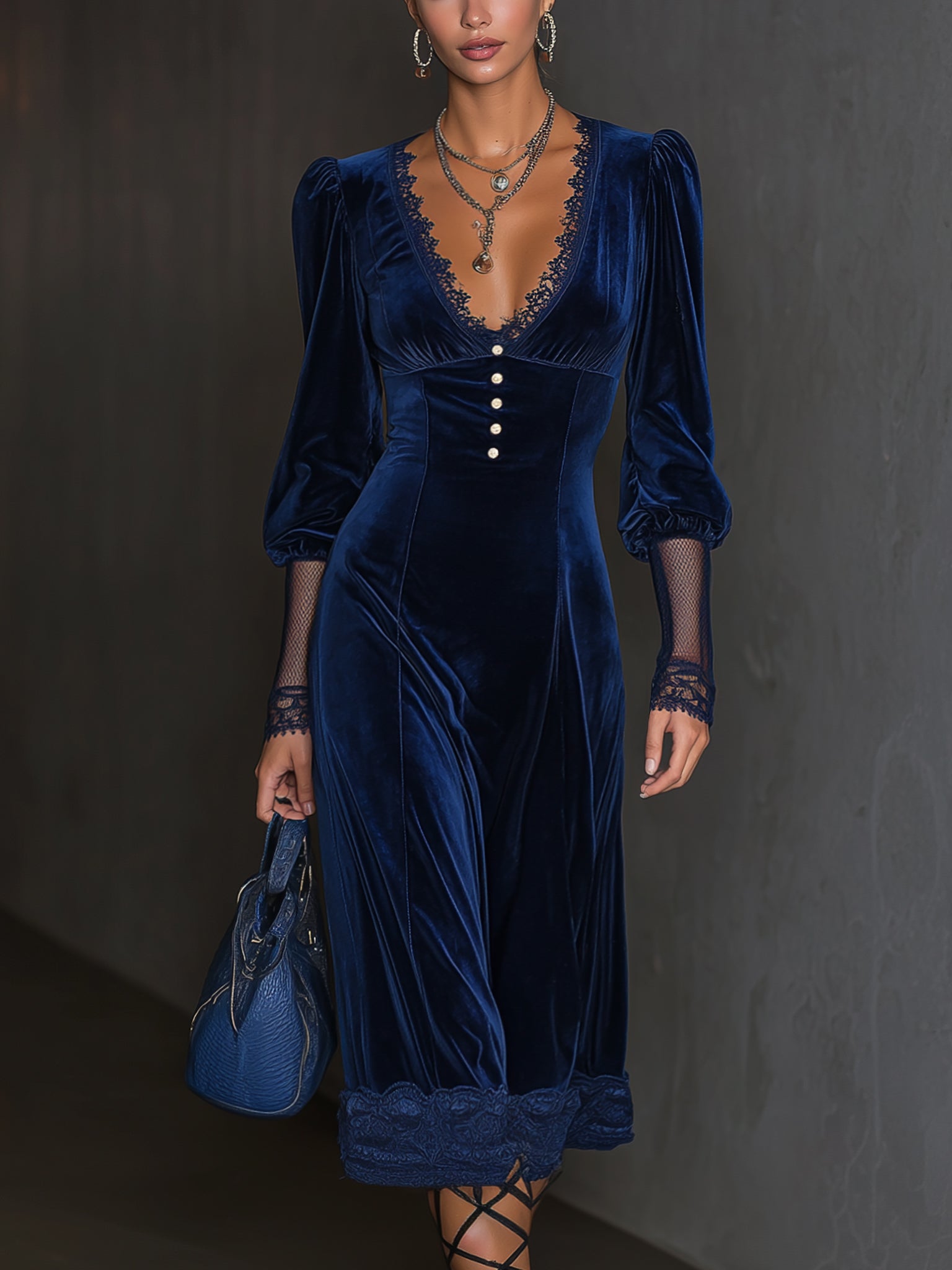 Midnight Blue Velvet Lace Trim Long Sleeve Midi Dress