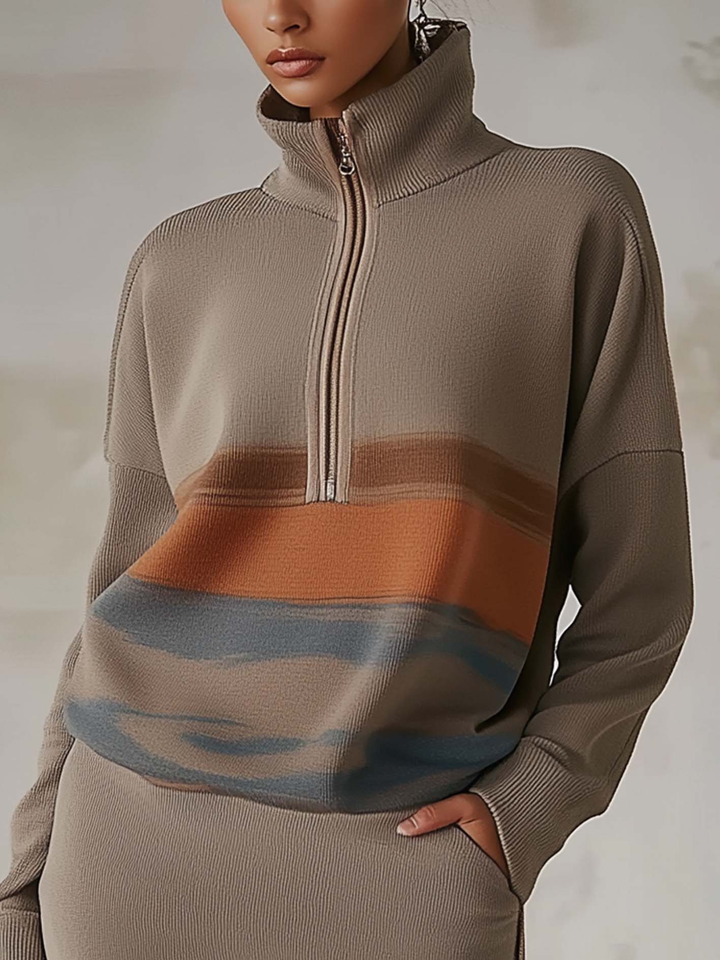 Gray Mini Sweatshirt Dress With Blue And Orange Gradient And Zipper