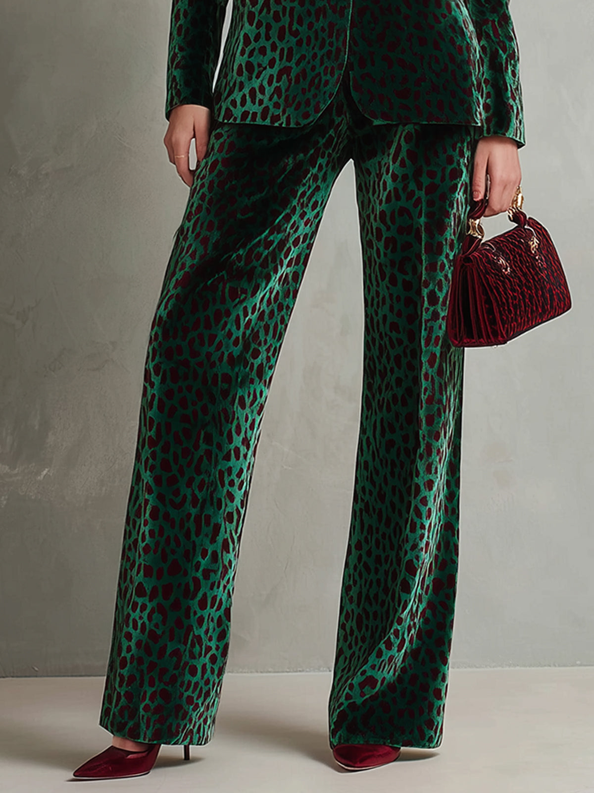 Emerald Velvet Leopard Print Double Breasted Gold Button Suit