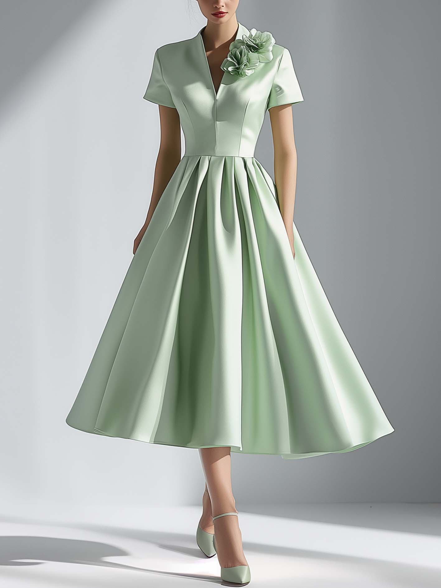 Elegant Mint Green Satin Maxi Dress With 3D Flowers