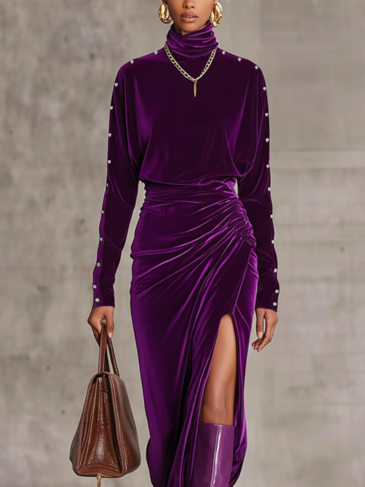 Purple Velvet High-Neck Ruched Maxi Dress