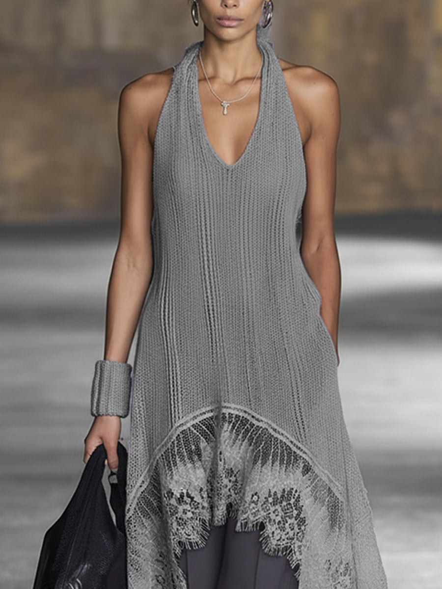 Gray Knit V-Neck Lace Hem Mini Dress