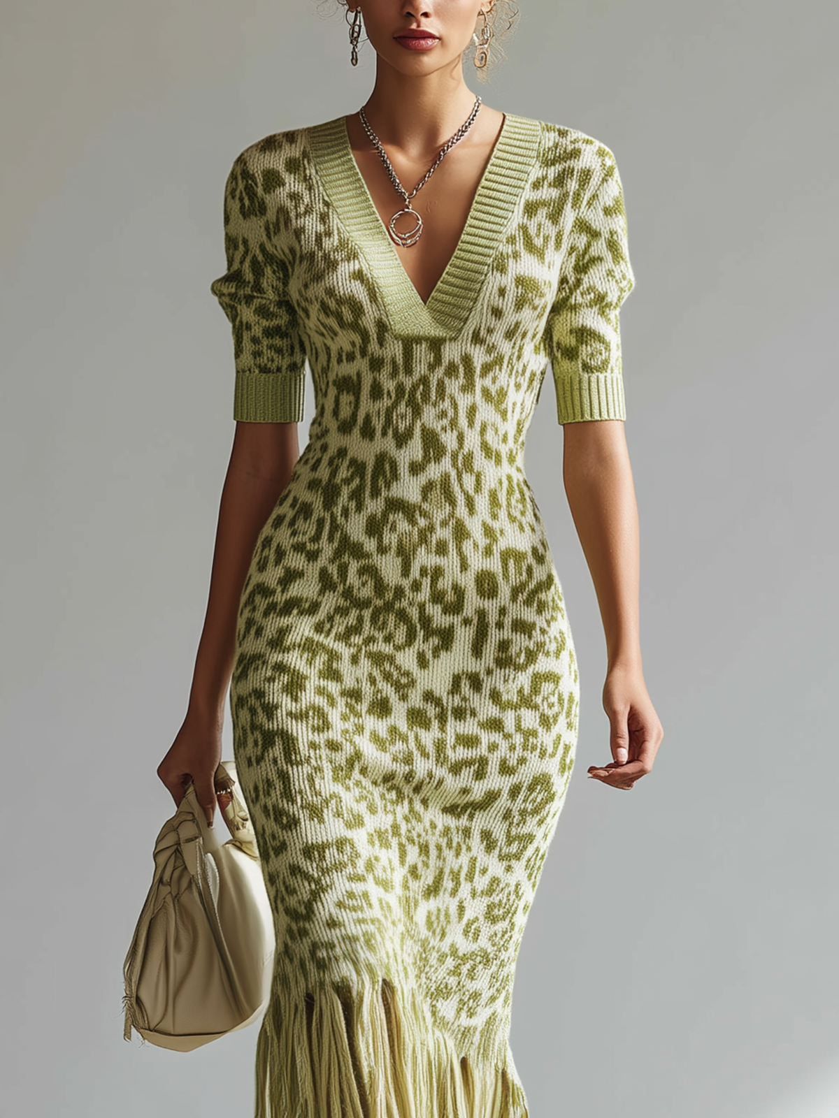 Olive Leopard Knit Fringe Hem Midi Dress
