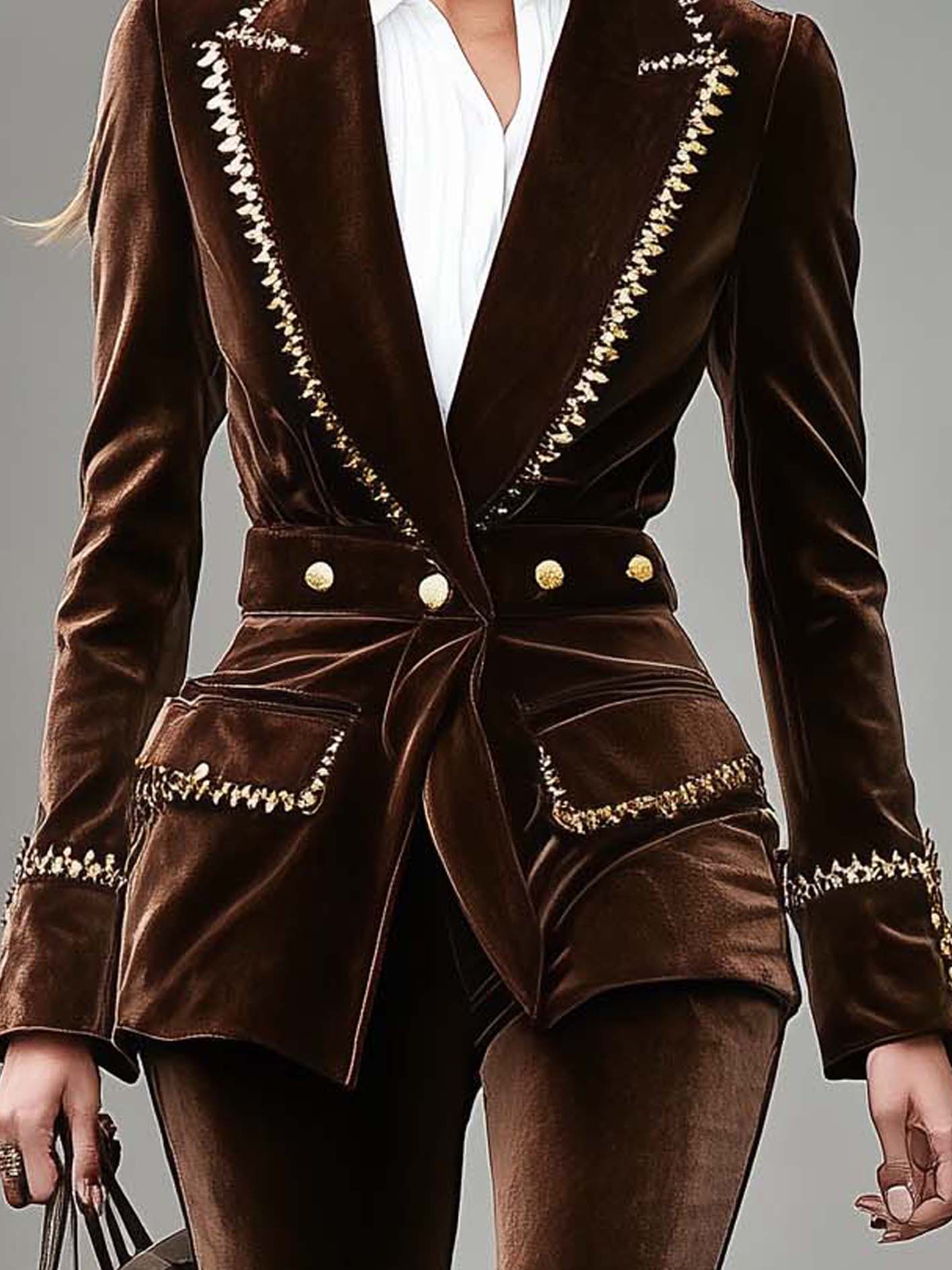 Brown Velvet Blazer With Gold Fashion Ribbon