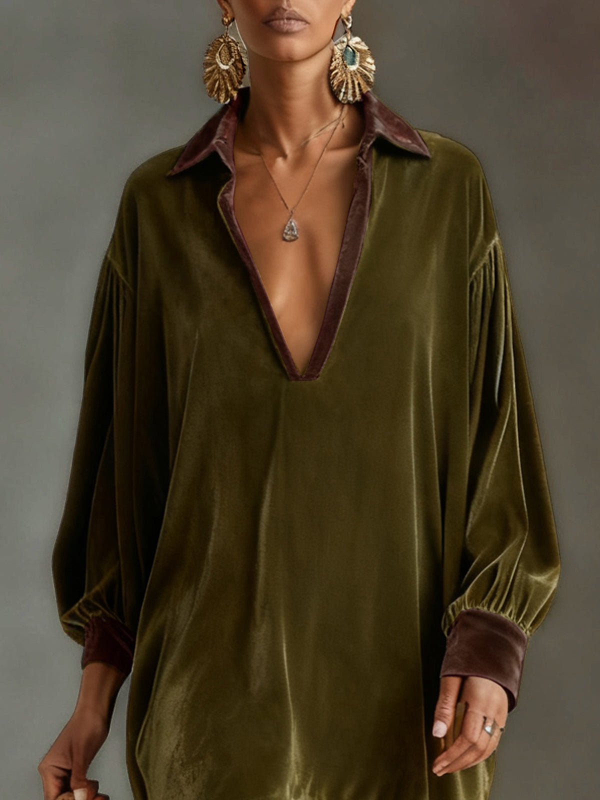 Olive Faux Suede  Fringe Dress With Deep V-Neck