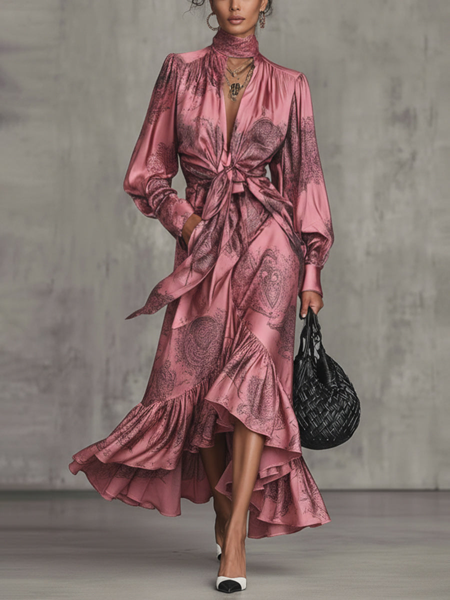 Pink Satin Printed Tie Front Ruffle Maxi Dress