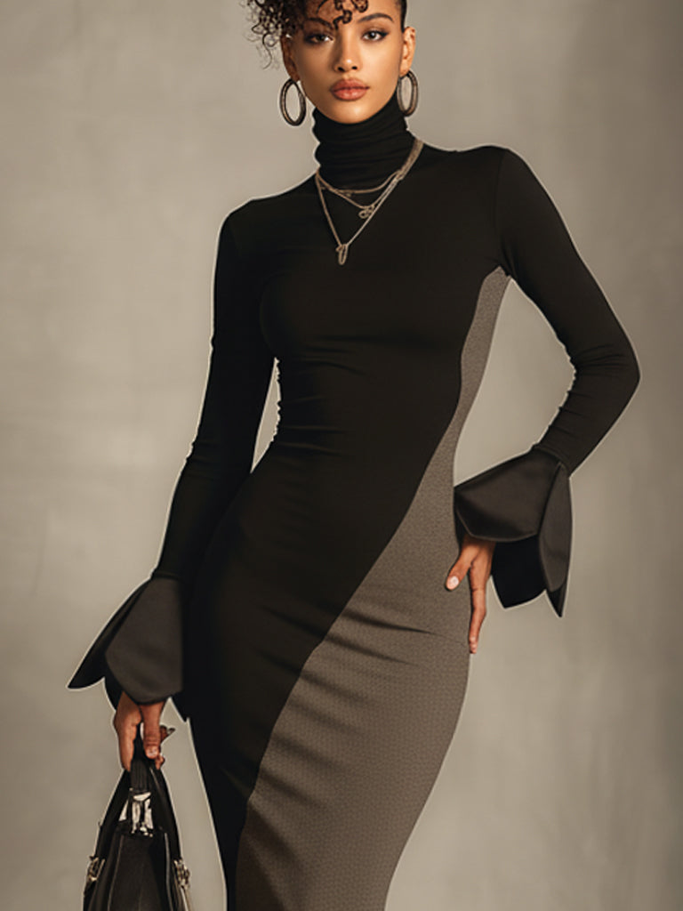 Black And Gray Color Blocked Stretch High Neck Petal Sleeve Mermaid Maxi Dress