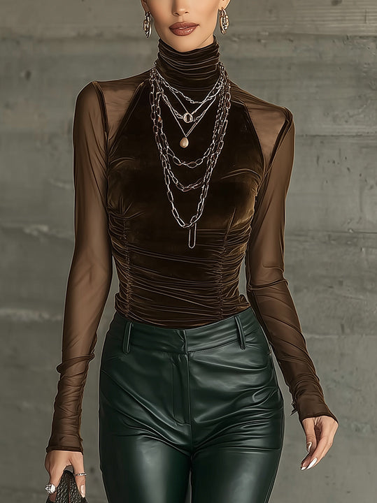 Brown Velvet Mesh Mock Neck Top With Ruched Detailing