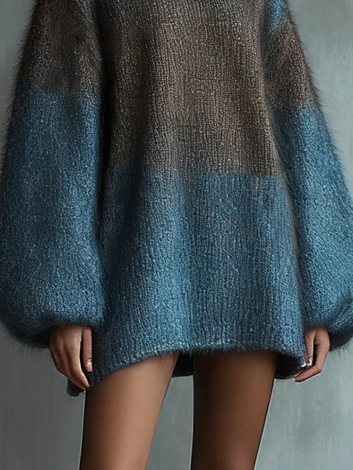 Blue Ombre Knit Turtleneck Dress With Balloon Sleeves