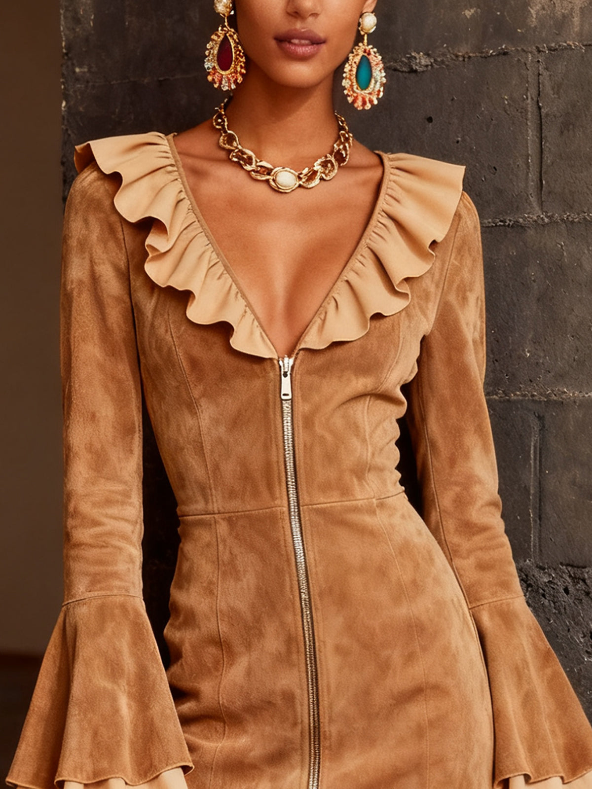 Camel Faux Suede Ruffle Trim Bell Sleeve Zip Mini Dress