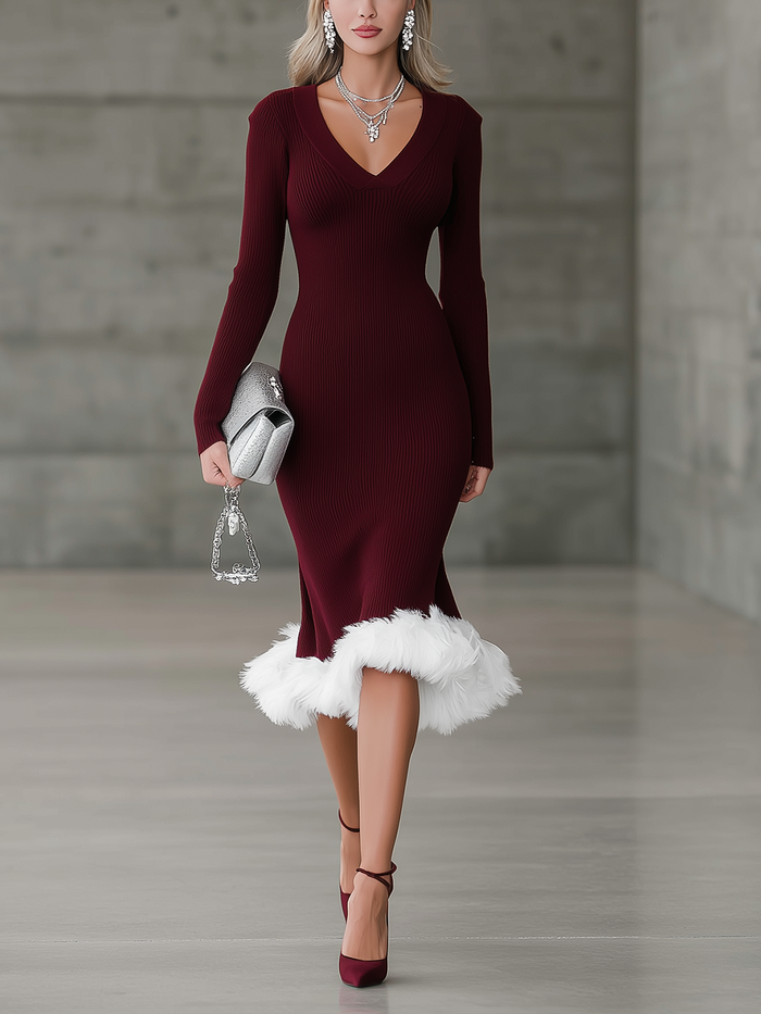 Burgundy Faux Fur Trimmed Ribbed Knit Long-Sleeve Midi Dress