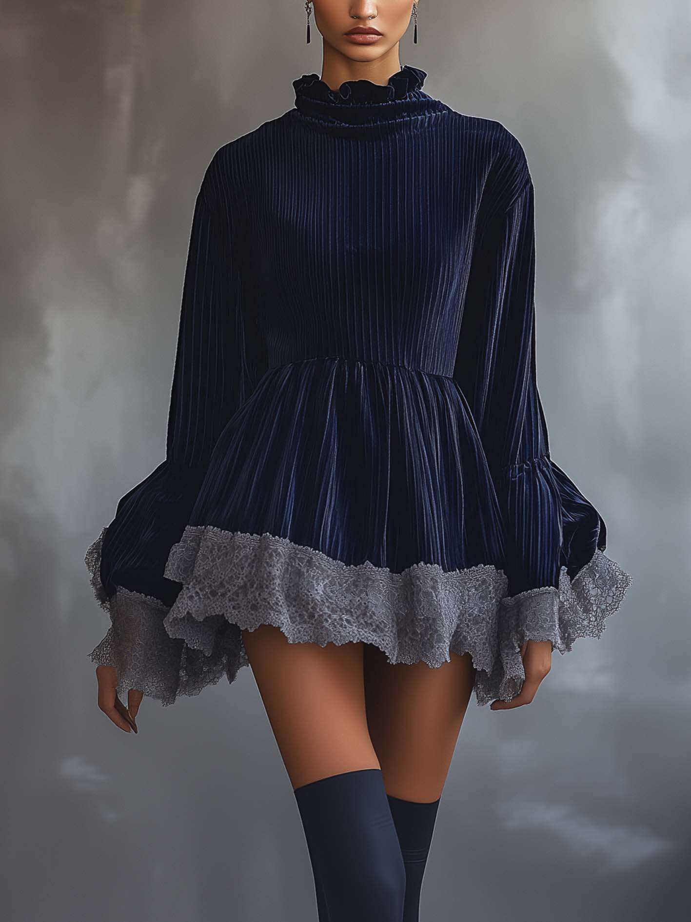 Dark Blue Corduroy Mini Dress With Elegant Gray Lace Trim
