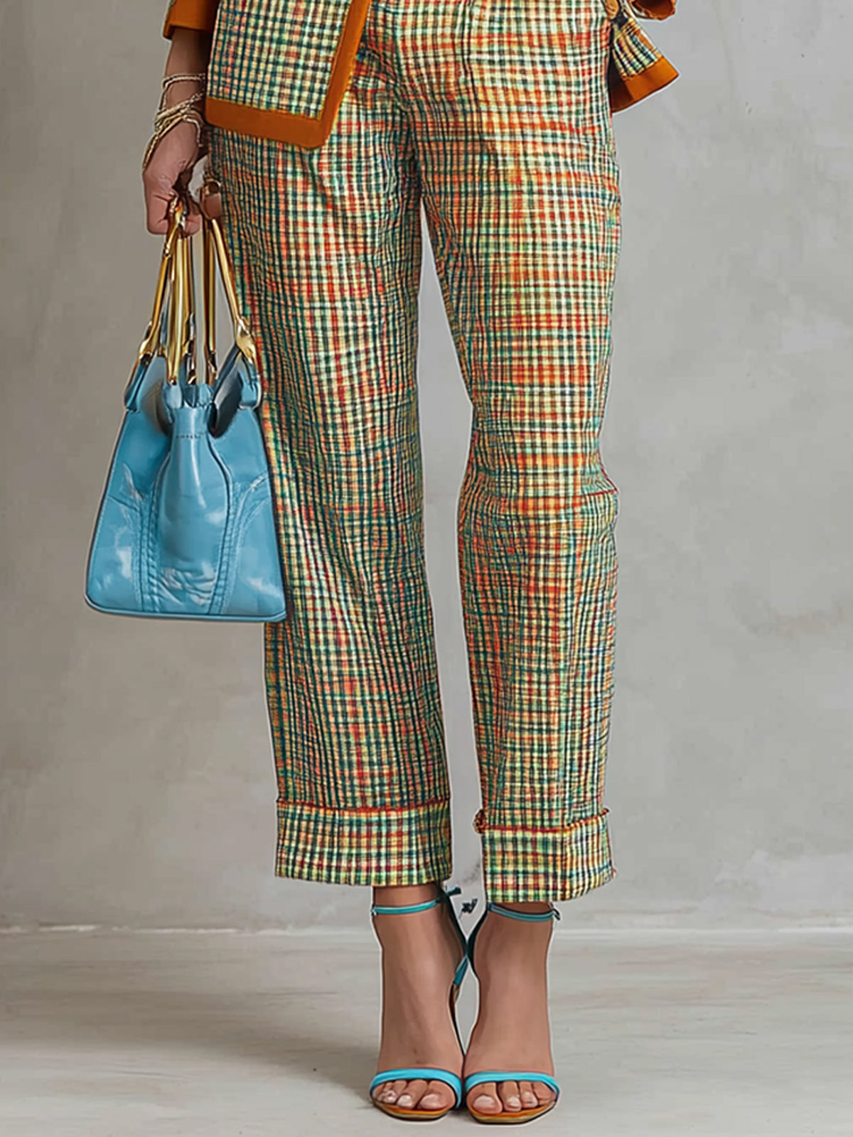 Citrus Check Double Breasted Suit With Orange Collar