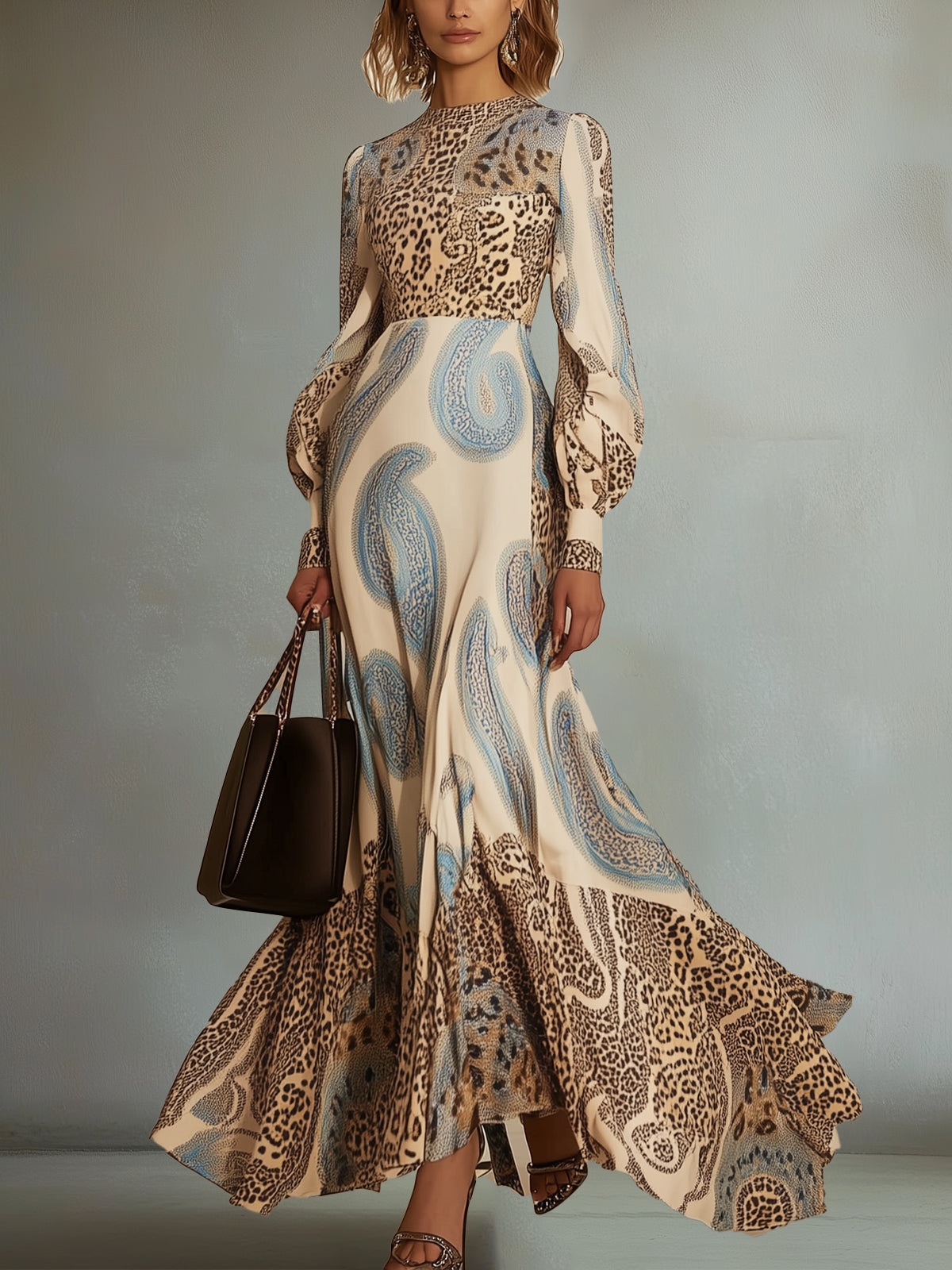 Paisley And Leopard Print Long Sleeve Maxi Dress