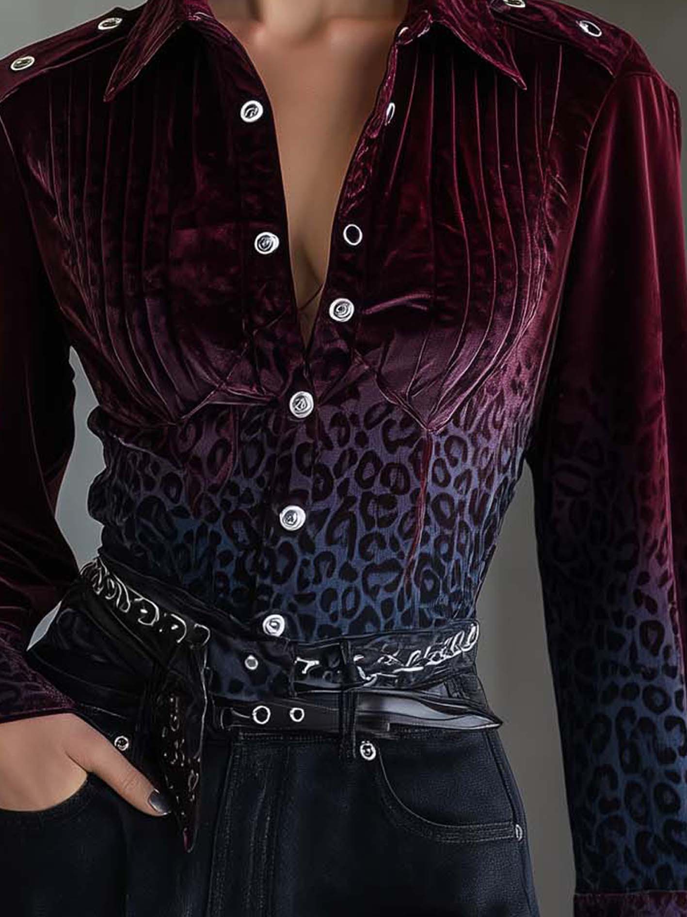 Red Velvet Gradient Blue Leopard Print Blouse