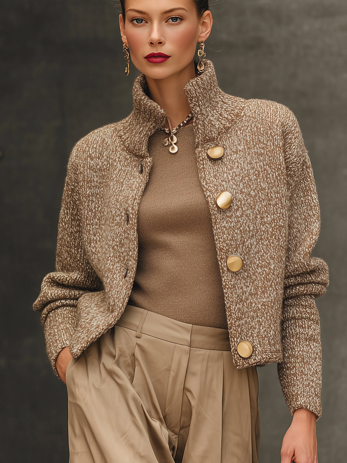 Taupe Marled Knit High Collar Buttoned Cardigan