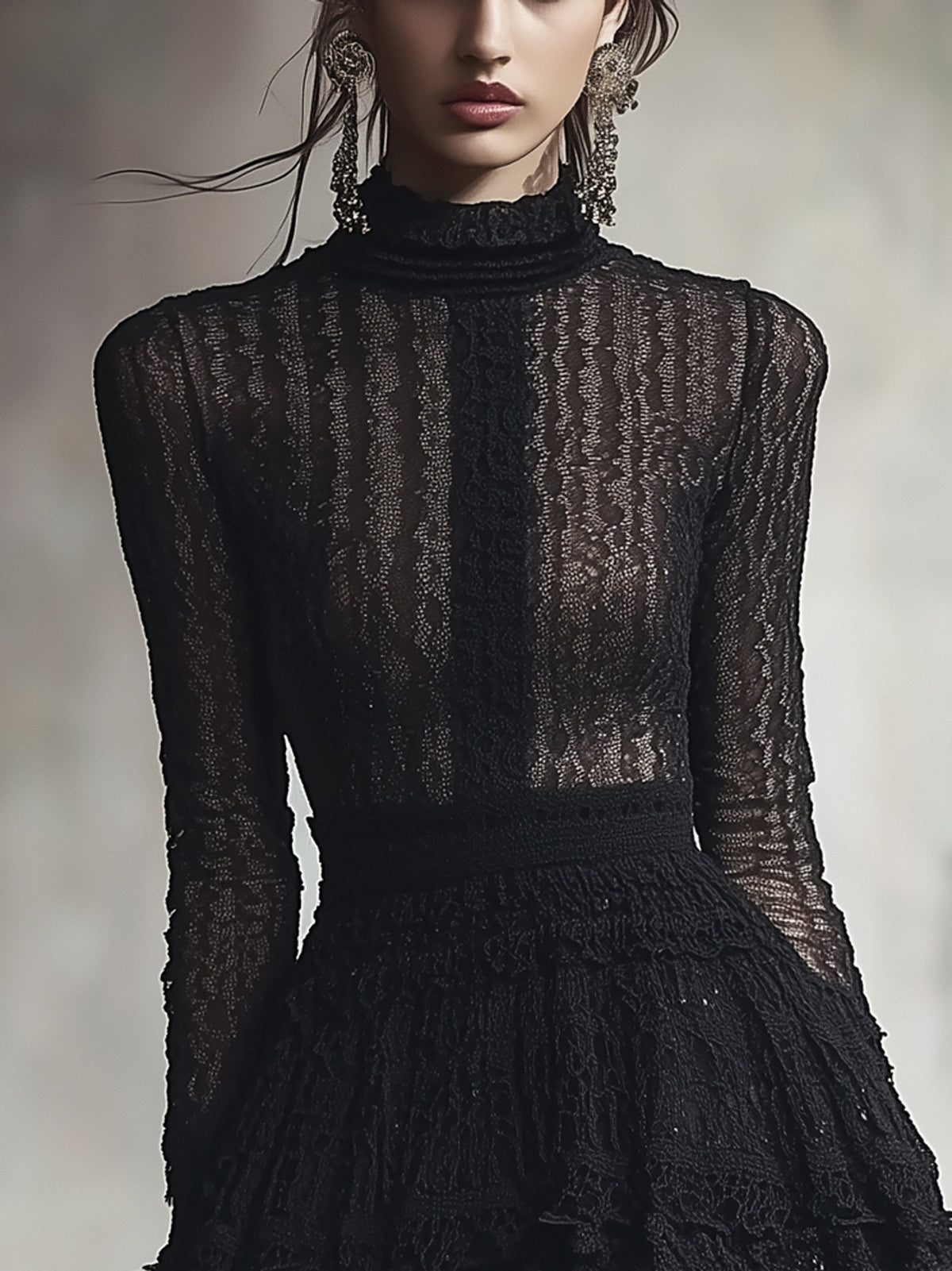 Black Lace Semi Sheer Ruffle Turtleneck Long Sleeve Mini Dress