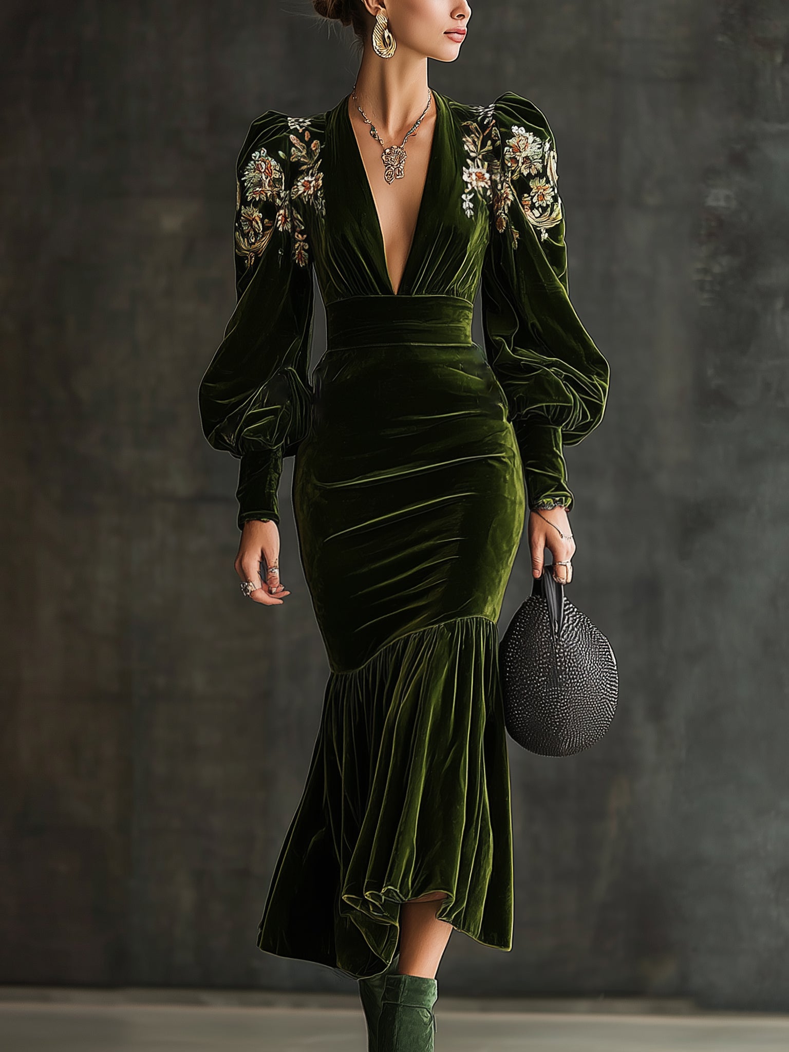Emerald Velvet Embroidered V-Neck Long Sleeve Bodycon Dress