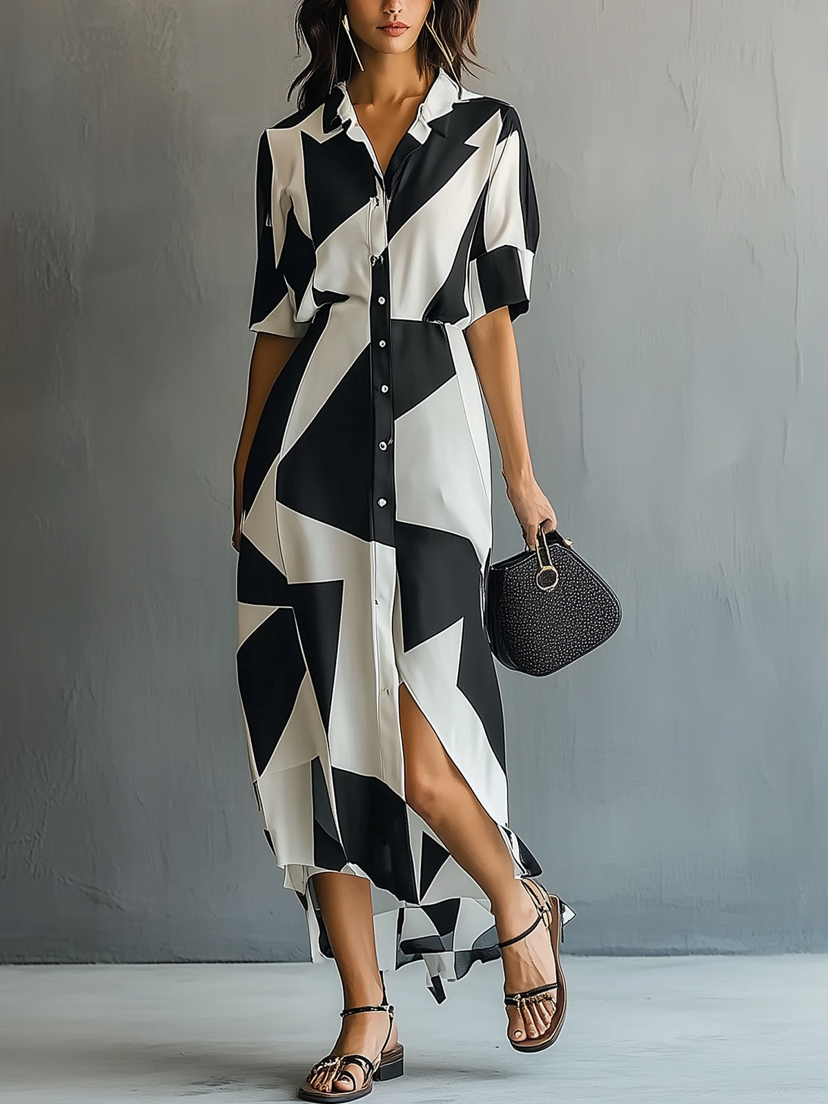 Black And White Geometric Print Shirt Dress