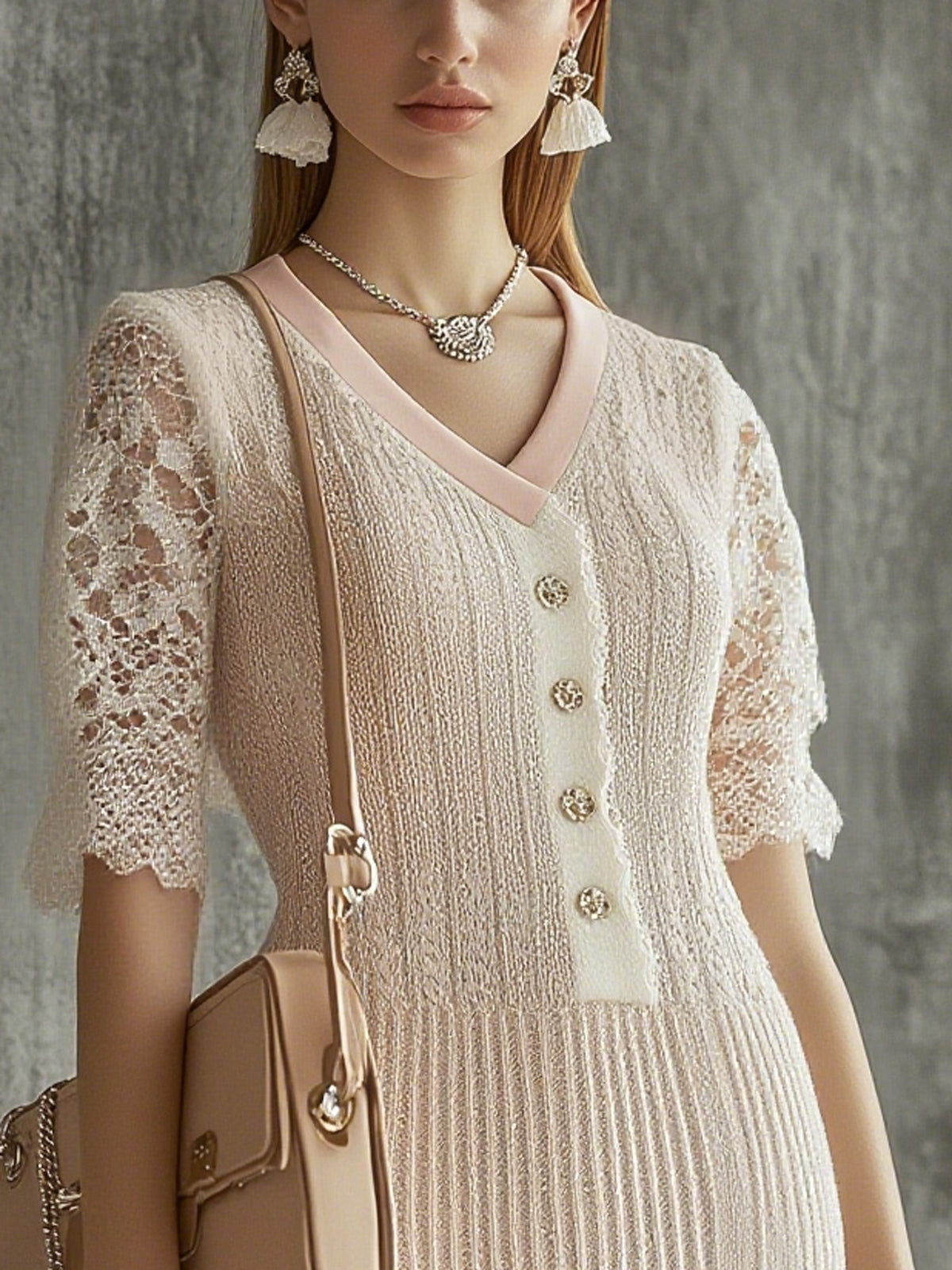 Pink Knit Lace Panel Button Front V-Neck Short Sleeve Midi Dress