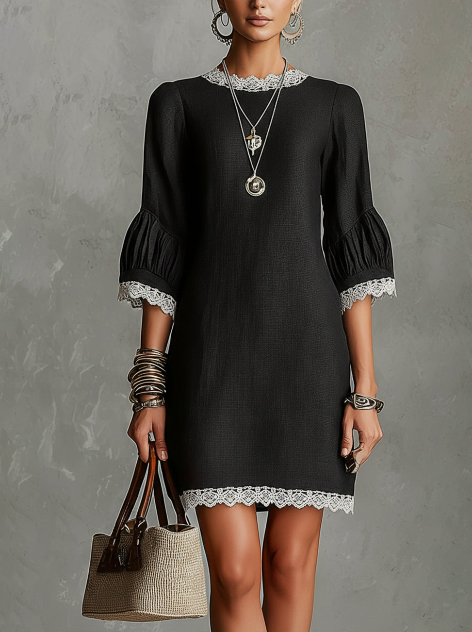 Black Puff Sleeve Contrast Lace Trim Mini Dress