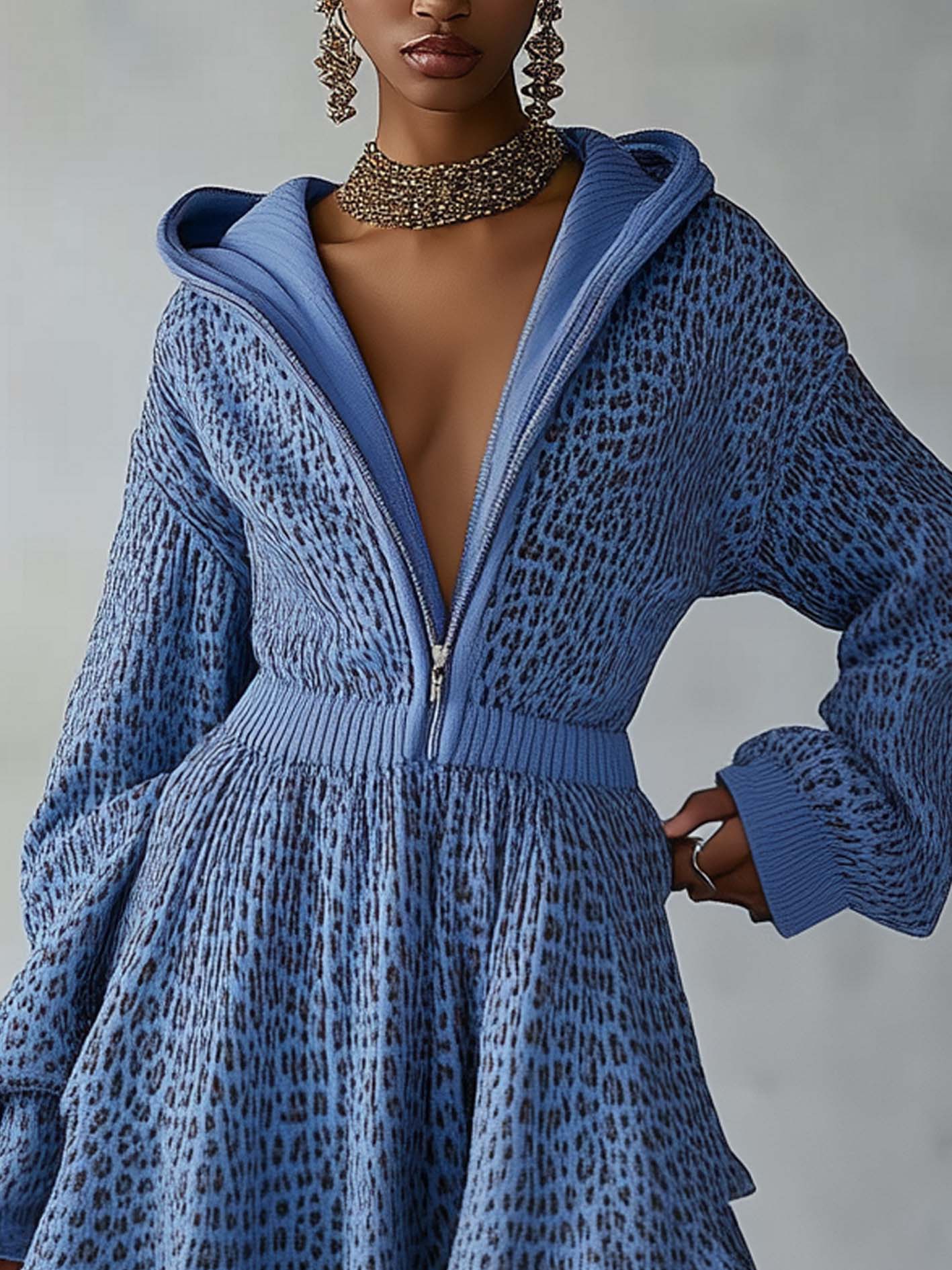 Blue Knitted Mini Dress With Hood And Zipper And Black Leopard Print