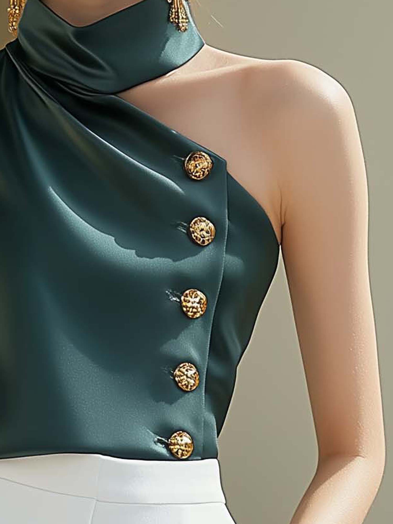 One Shoulder Round Neck Green Satin Shirt With Buttons