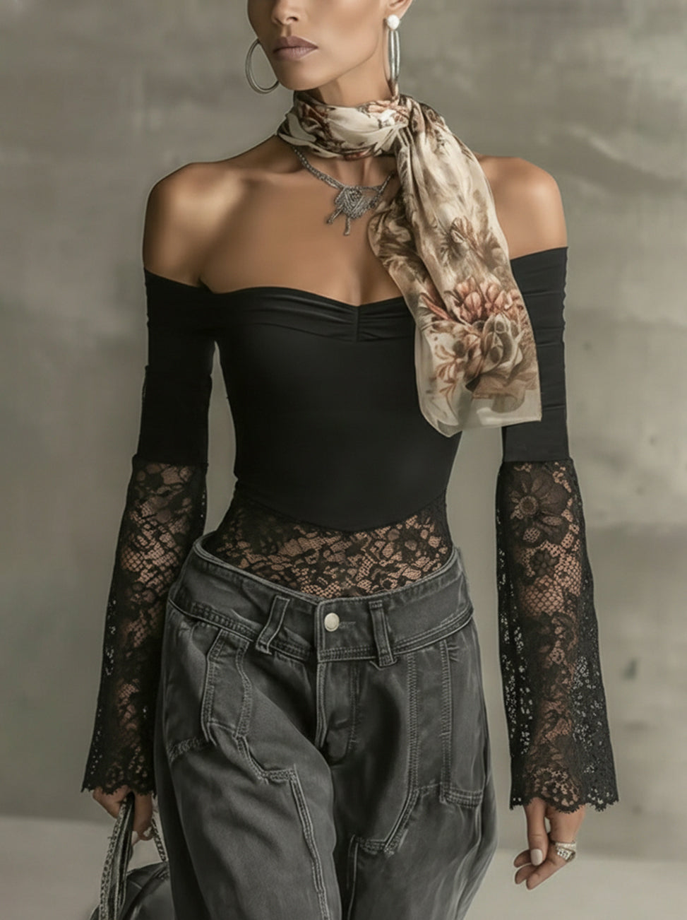 Black Off-Shoulder Lace Flare-Sleeve Shirt