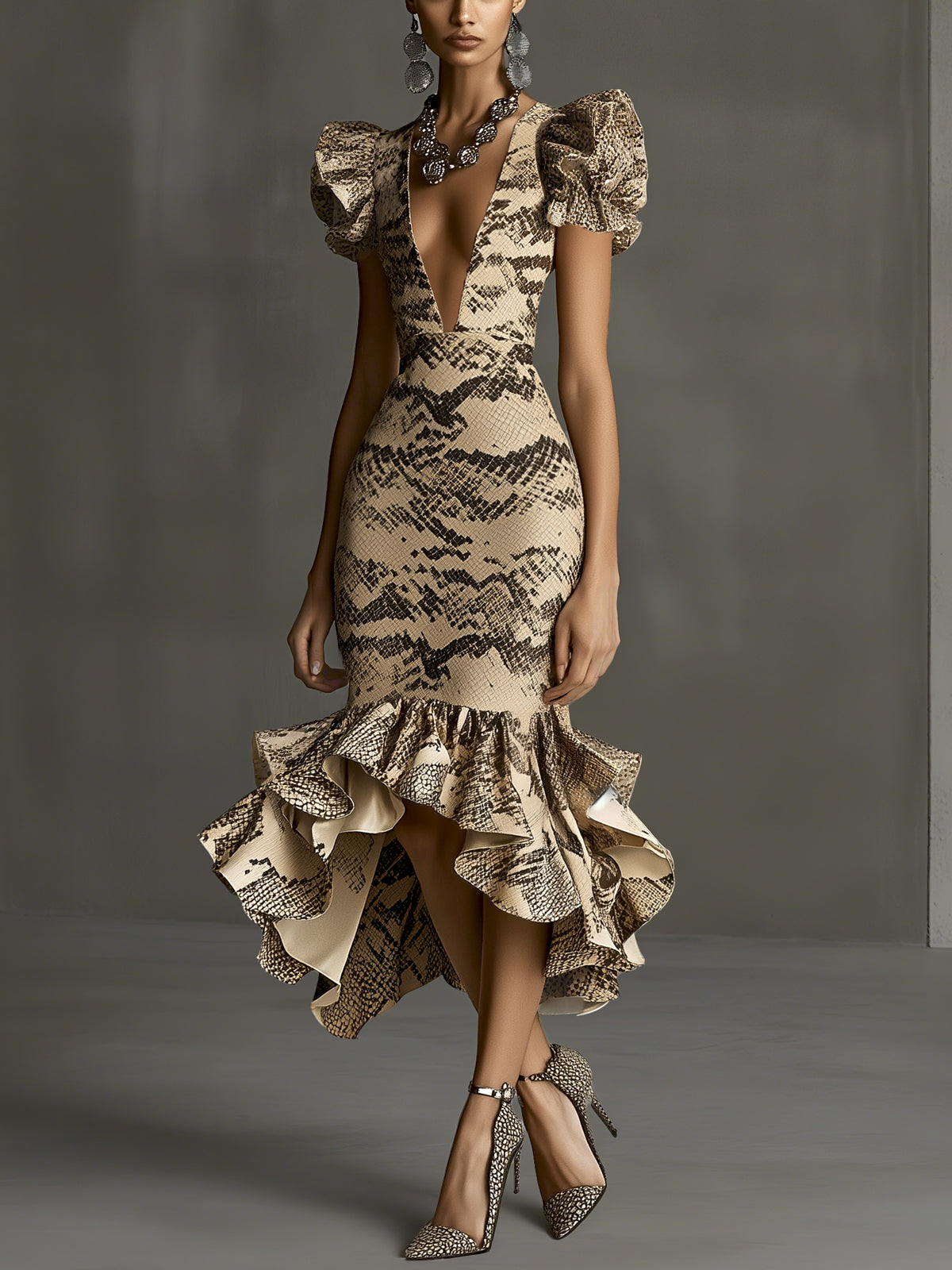 White Snakeskin Ruffle Hem Deep V-Neck Puff Sleeve Maxi Dress