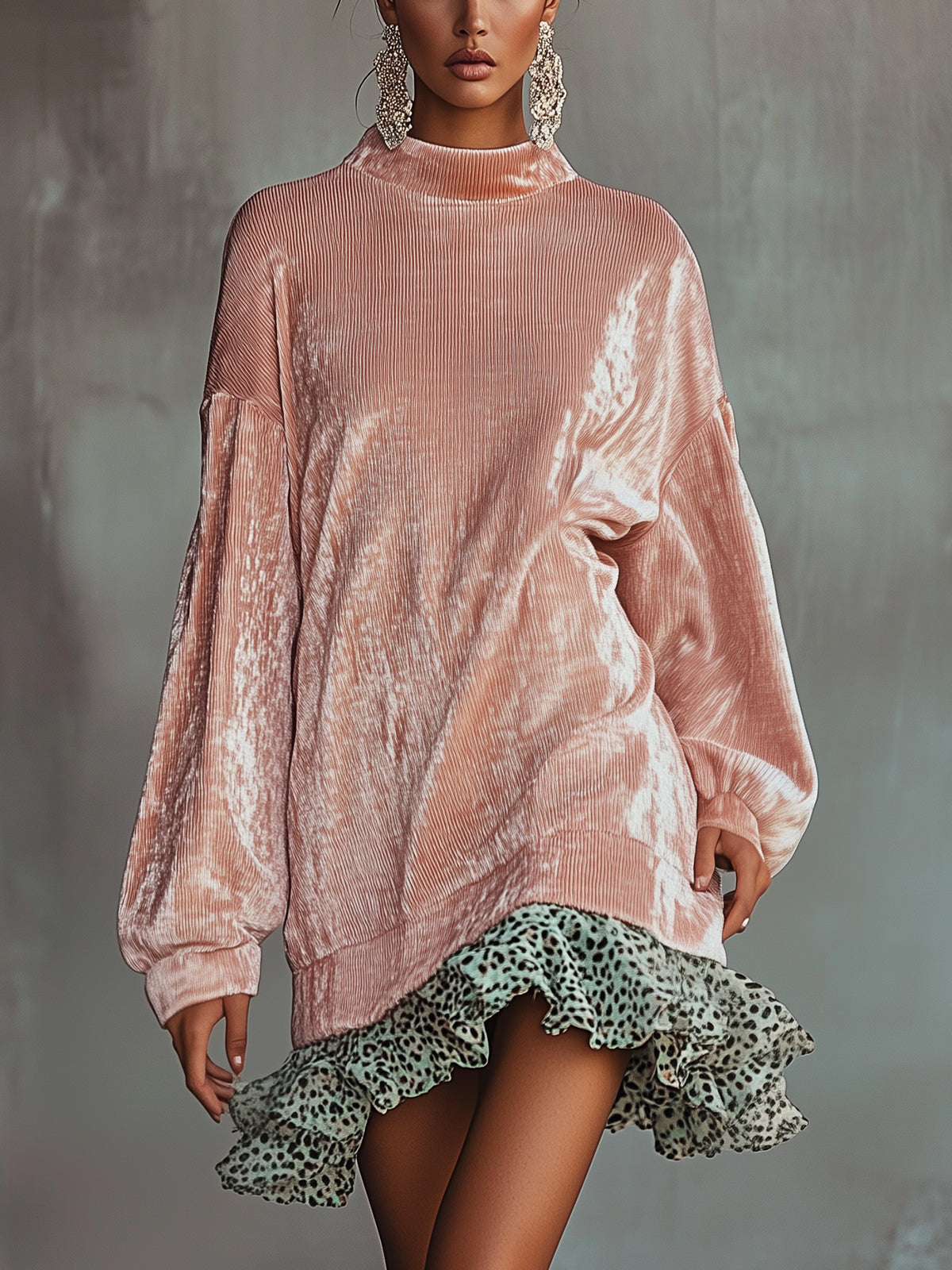 Pink Velvet And Leopard Ruffle Dress