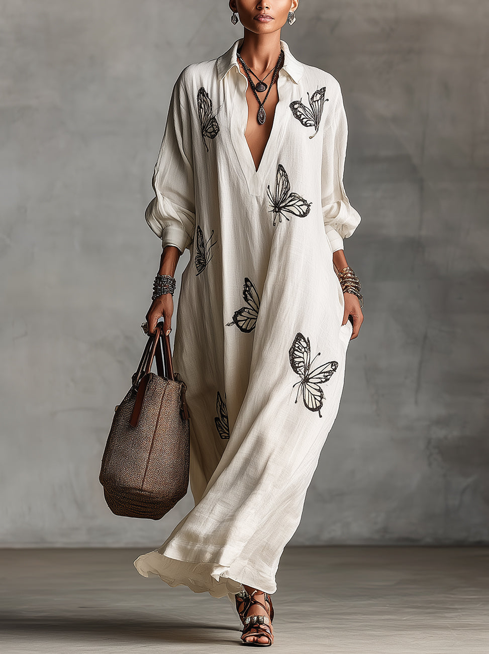 Ivory Colored Dress With Butterfly Embroidery