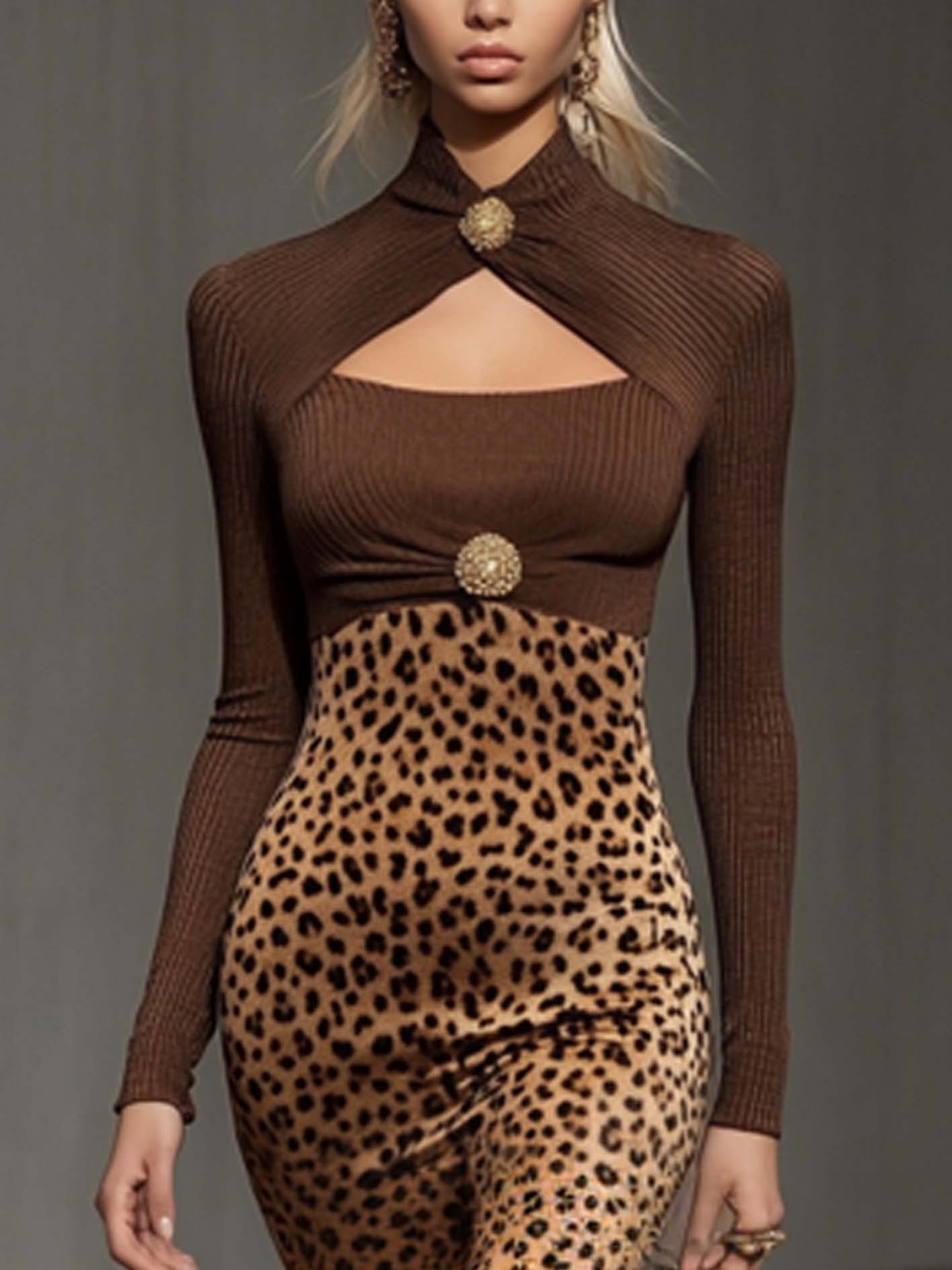 Brown Knitted Midi Bodycon Dress With Buttons And Leopard Print