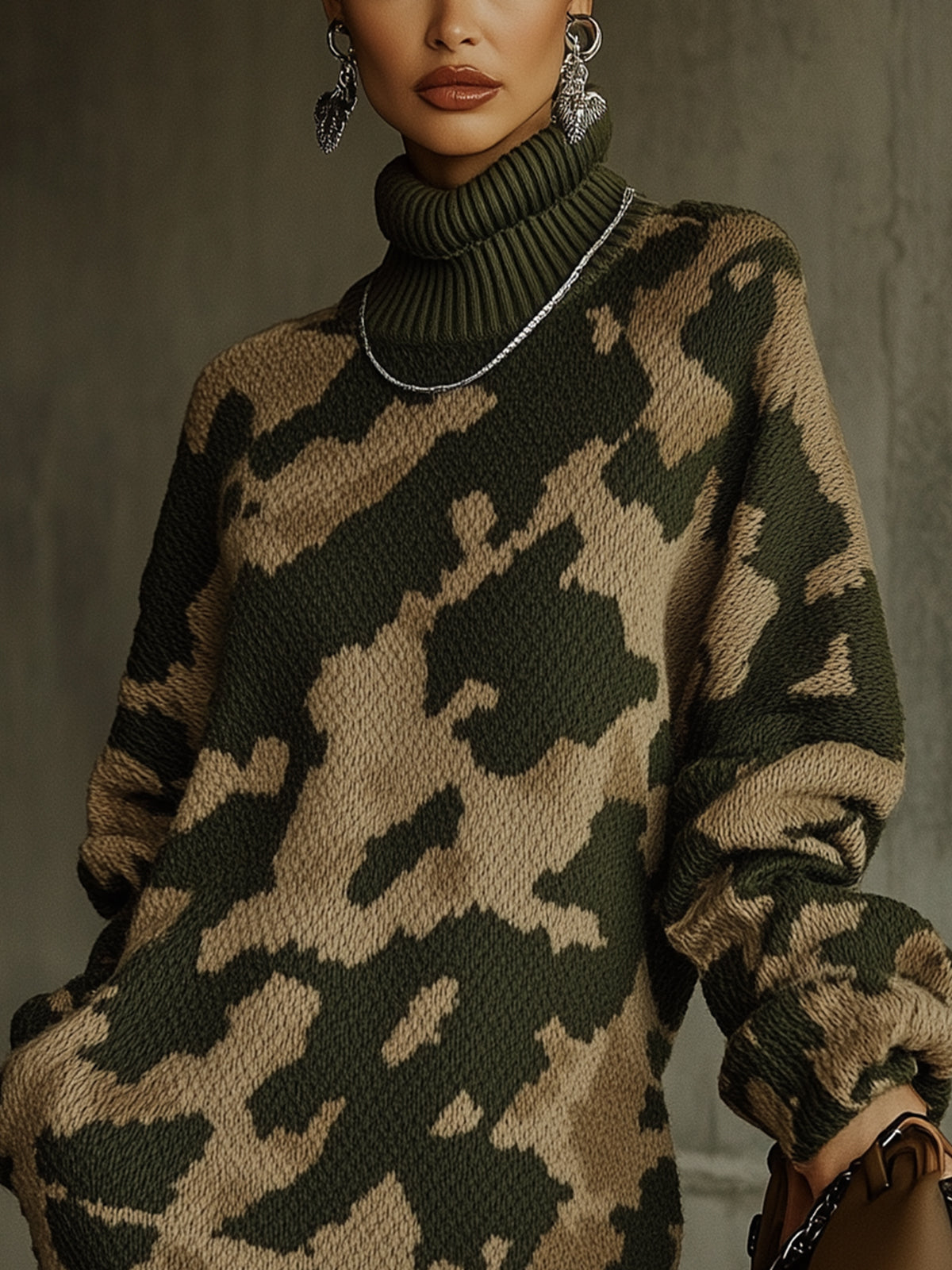 Camouflage Knit Turtleneck Dress With Oversized Sleeves