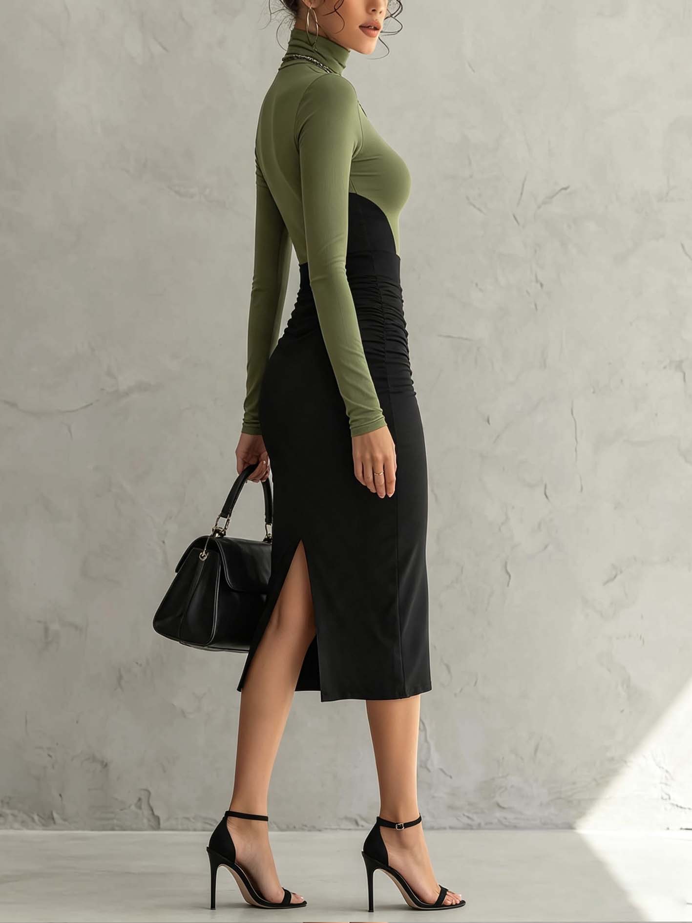 Olive Green And Black Color Block Turtleneck Bodycon Midi Dress