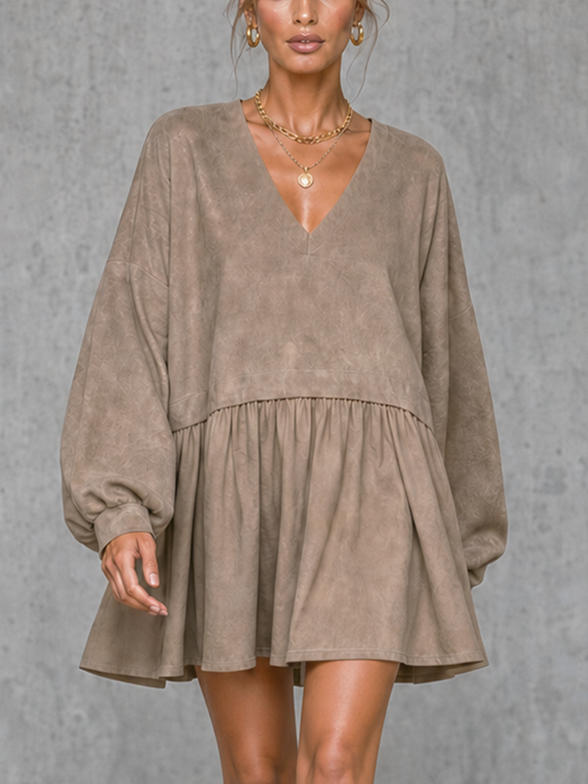 Taupe Textured Suede V-Neck Balloon Sleeve Ruffled Mini Dress