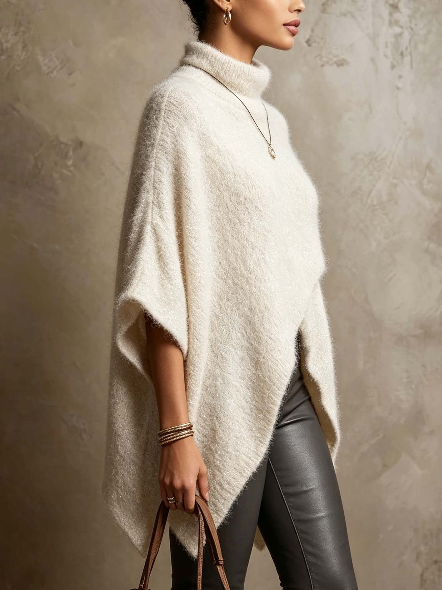 Ivory Shimmer Turtleneck Fuzzy Knit Poncho Sweater
