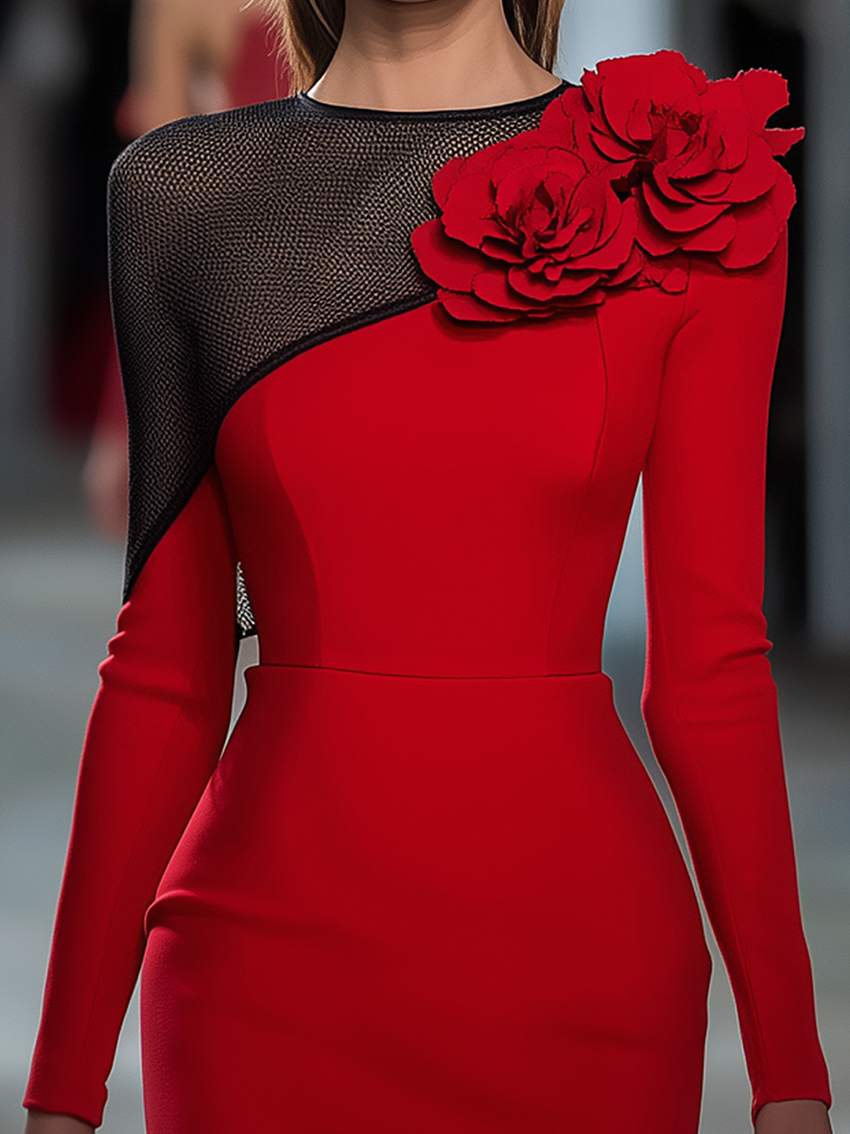 Neckline Stitching Black Mesh Red Midi Bodycon Dress With 3D Flower Decoration