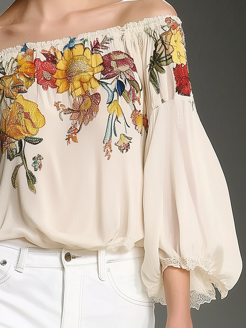 Off Shoulder With Flower Print Beige Chiffon Shirt