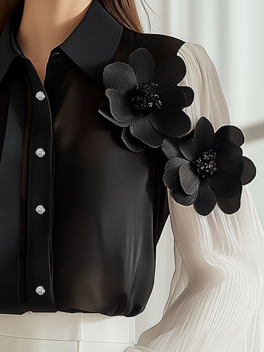 Black And White Stitching Chiffon Blouse With 3D Flowers On Sleeve