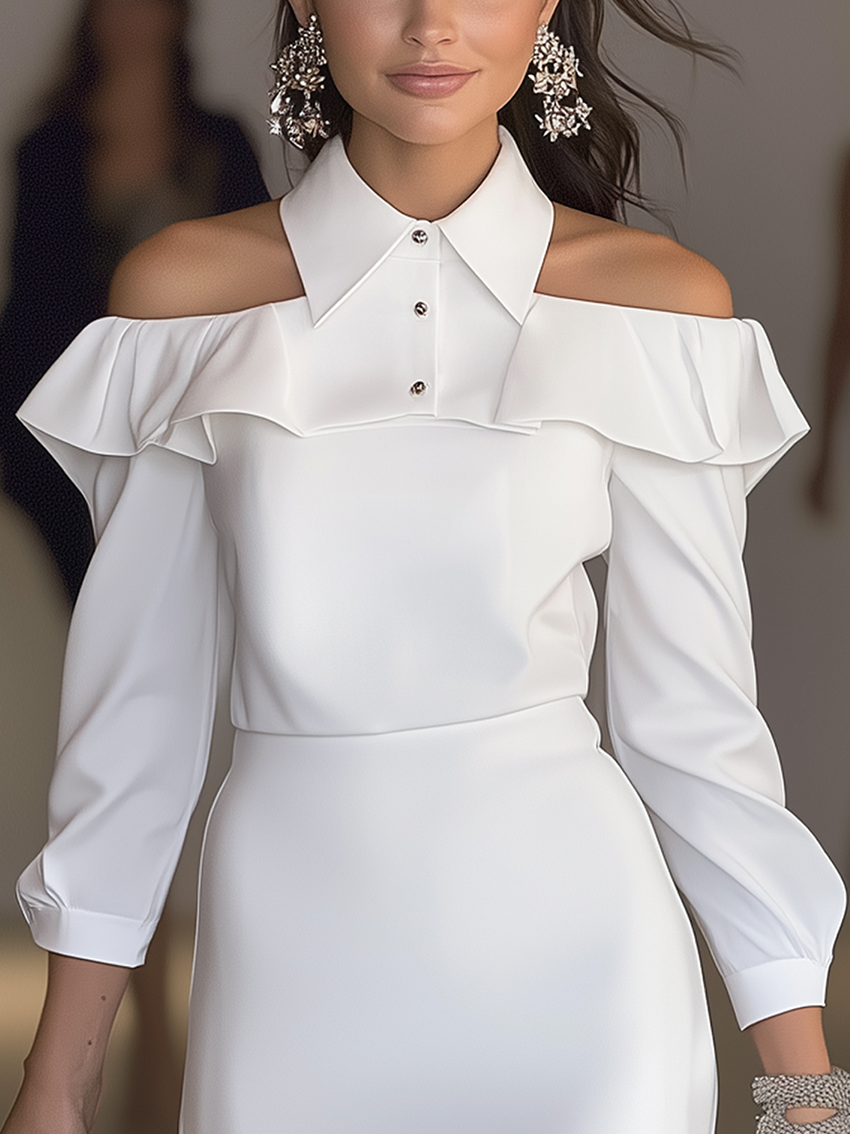 Off-The-Shoulder White Midi Bodycon Shirt Dress