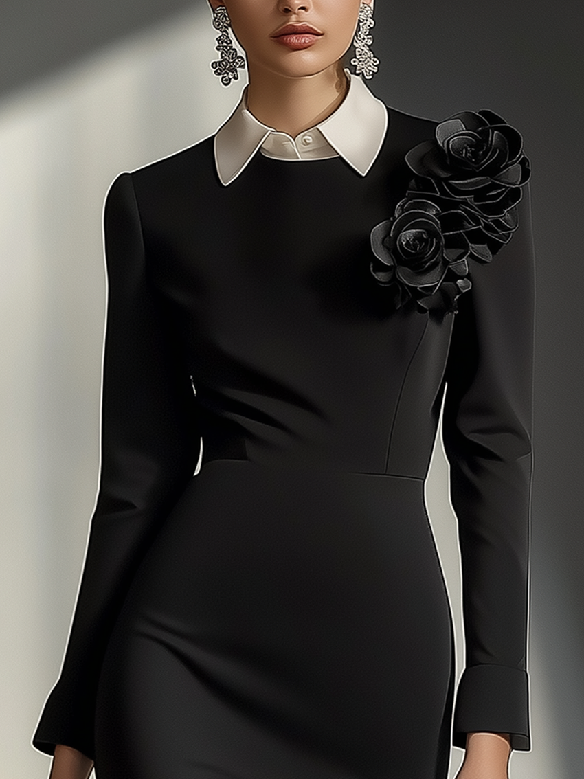 Black Midi Bodycon Dress With White Shirt Collar And 3D Flower Decoration